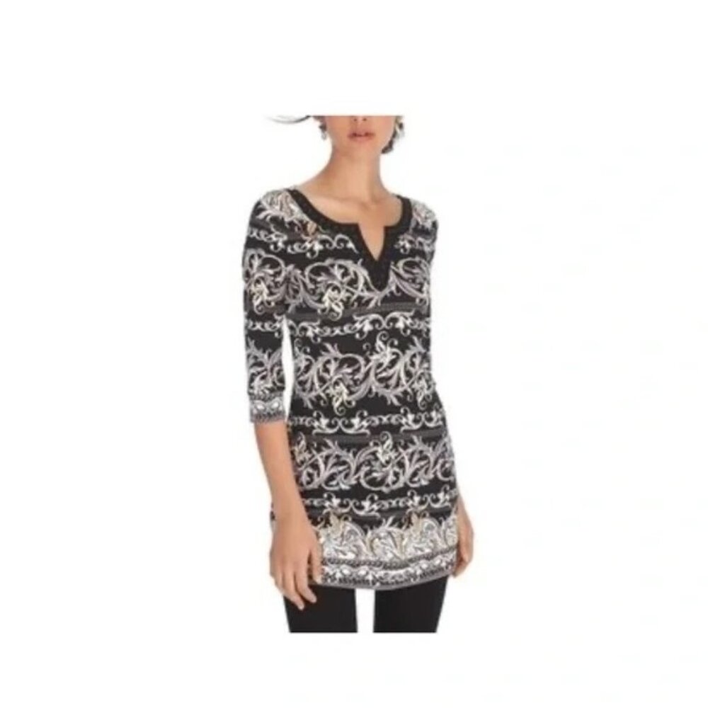 White House Black Market embellished Print V-Neck tunic top size Large